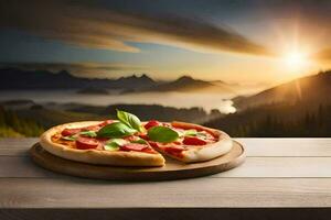 Pizza su un' di legno tavolo con montagne nel il sfondo. ai-generato foto