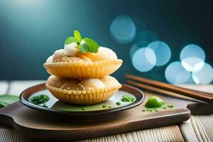 un' piatto con Due piccolo torte su esso. ai-generato foto