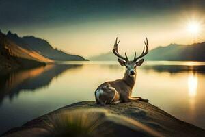 un' cervo si siede su il bordo di un' lago a tramonto. ai-generato foto