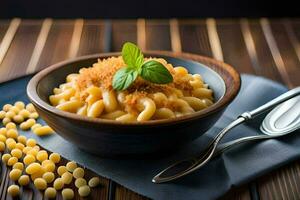 maccheroni e formaggio nel un' ciotola con un' cucchiaio. ai-generato foto