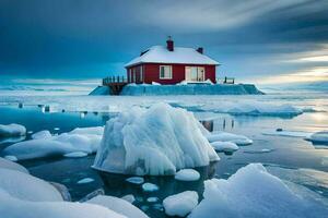 un' rosso Casa si siede su superiore di un iceberg. ai-generato foto