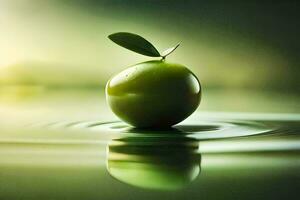 un' verde Mela è galleggiante nel acqua con un' foglia. ai-generato foto