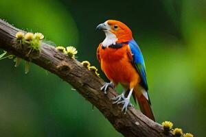 un' colorato uccello si siede su un' ramo nel il foresta. ai-generato foto