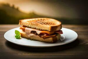 un' grigliato Sandwich su un' piatto con un' montagna nel il sfondo. ai-generato foto