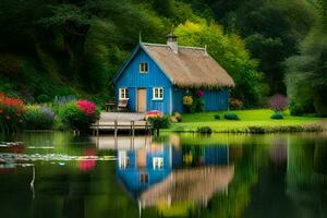 un' blu Casa si siede su il bordo di un' lago. ai-generato foto