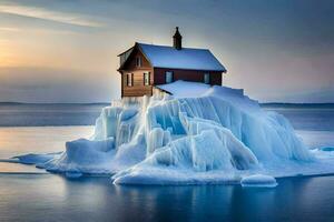 un' Casa su un iceberg nel il mezzo di il oceano. ai-generato foto