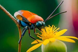 un' insetto con arancia e nero Ali è seduta su un' giallo fiore. ai-generato foto