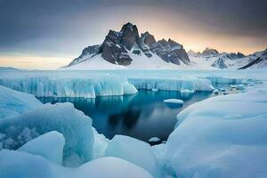 il sole imposta al di sopra di il montagne e iceberg. ai-generato foto