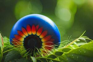 un' blu uovo con un' fiore su superiore. ai-generato foto