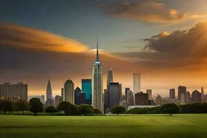 il sole imposta al di sopra di il città orizzonte nel nuovo york. ai-generato foto