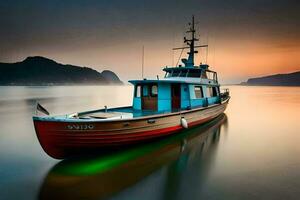 un' barca è attraccato a il riva a tramonto. ai-generato foto
