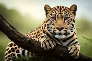 un' leopardo è seduta su un' ramo nel il selvaggio. ai-generato foto