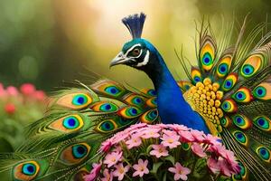 un' pavone è in piedi nel davanti di fiori. ai-generato foto