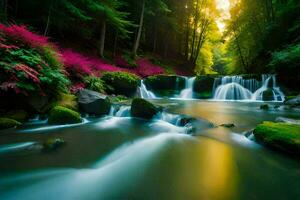 un' bellissimo cascata nel il foresta con rosa fiori. ai-generato foto