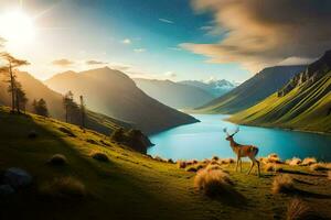 il cervo è in piedi su il erboso collina prospiciente il lago. ai-generato foto