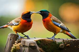 Due colorato uccelli in piedi su superiore di un' di legno inviare. ai-generato foto
