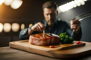 un' uomo è taglio carne su un' di legno taglio tavola. ai-generato foto