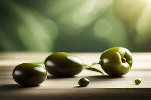 tre verde olive su un' di legno tavolo. ai-generato foto