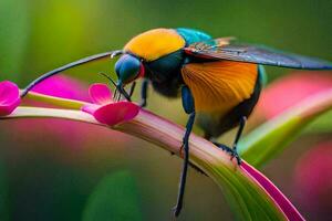 un' colorato insetto è seduta su un' fiore. ai-generato foto