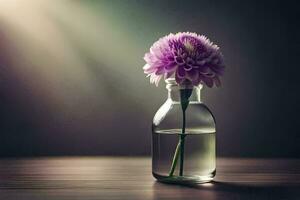 un' singolo viola fiore è nel un' bicchiere vaso su un' di legno tavolo. ai-generato foto