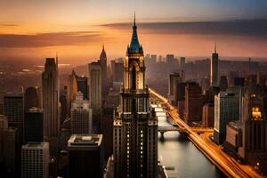 il Chicago orizzonte a tramonto. ai-generato foto