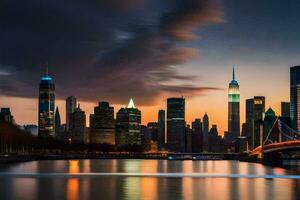 il città orizzonte a tramonto con il Manhattan ponte nel il primo piano. ai-generato foto