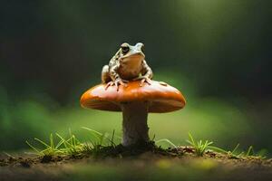 un' rana seduta su superiore di un' fungo. ai-generato foto