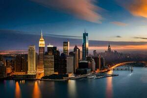 il Manhattan orizzonte a tramonto. ai-generato foto