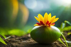 un' verde Mela con un' giallo fiore su superiore. ai-generato foto