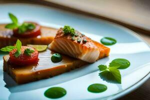 un' piatto con salmone e verdure su esso. ai-generato foto