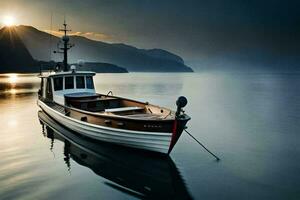 un' barca è attraccato nel il acqua a tramonto. ai-generato foto