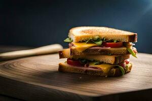 un' Sandwich con formaggio, prosciutto e pomodori su un' di legno taglio tavola. ai-generato foto