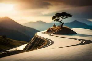 un' solitario albero su un' montagna strada. ai-generato foto