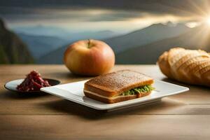 un' Sandwich e un Mela su un' piatto con montagne nel il sfondo. ai-generato foto
