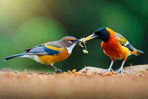 Due uccelli mangiare a partire dal un' piccolo pezzo di cibo. ai-generato foto