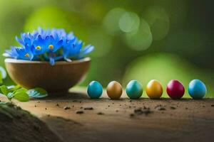 Pasqua uova e blu fiori nel un' di legno ciotola. ai-generato foto