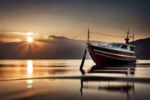 un' barca è attraccato a il riva durante un' tramonto. ai-generato foto
