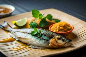 un' pesce su un' piatto con salsa e contorno. ai-generato foto