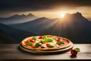 Pizza su il tavolo con montagne nel il sfondo. ai-generato foto