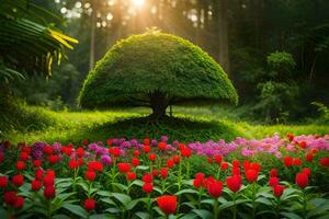 un' albero con un' piccolo albero nel il mezzo di un' campo di fiori. ai-generato foto