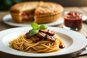 spaghetti con carne e salsa su un' piatto. ai-generato foto