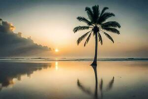 il sole imposta dietro a un' palma albero su il spiaggia. ai-generato foto