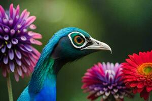 un' pavone è in piedi nel davanti di alcuni colorato fiori. ai-generato foto