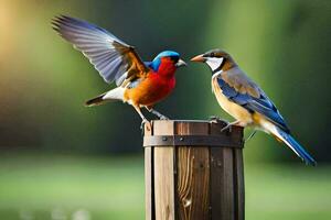 Due colorato uccelli su un' di legno inviare. ai-generato foto