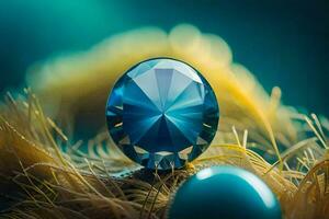 un' blu diamante si siede su superiore di piume. ai-generato foto