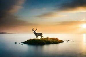 un' cervo sta su un isola nel il mezzo di il oceano. ai-generato foto