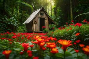 un' piccolo capanna nel il mezzo di un' foresta con fiori. ai-generato foto