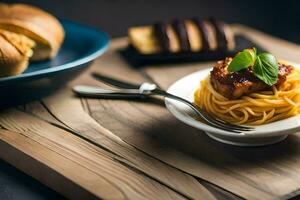 spaghetti con carne e pane su un' di legno tavolo. ai-generato foto