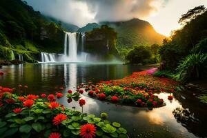 bellissimo cascata nel il montagne con fiori e acqua. ai-generato foto