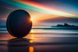 un' circolare lente su il spiaggia con un' arcobaleno nel il sfondo. ai-generato foto